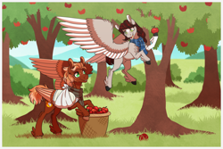 Size: 2100x1400 | Tagged: safe, artist:inuhoshi-to-darkpen, oc, oc:golden flare, oc:mellow mare, pegasus, pony, apple, apple picking, apple tree, bandage, broken bone, broken wing, cast, clothes, colored hooves, colored wings, commission, female, food, freckles, friends, hooves, injured, male, nonbinary, outdoors, passepartout, pegasus oc, ponified, scarf, short tail, sling, species swap, stallion, tail, tree, unshorn fetlocks, wings