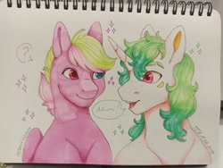 Size: 1280x961 | Tagged: safe, artist:jjsh, oc, oc only, oc:lightning twinkle, pegasus, pony, unicorn, birthmark, bust, cute, cute face, duo, ear fluff, female, fluffy mane, gradient mane, happy, heterochromia, horn, looking at each other, looking at someone, male, mare, marker drawing, multicolored mane, open mouth, question mark, sketchbook, smiling, spots, stallion, stars, teeth, traditional art, turned head, wings