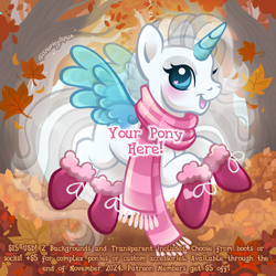 Size: 2400x2400 | Tagged: safe, artist:sparkytopia, pony, advertisement, autumn, blank pony, boots, clothes, commission, leaves, scarf, shoes, solo, striped scarf, text, your character here