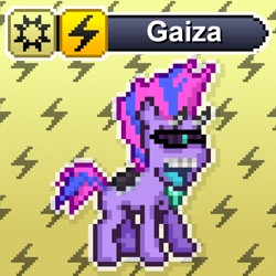 Size: 1024x1024 | Tagged: safe, artist:yotesmark, oc, oc only, oc:gaiza, cyclops, cyclops pony, earth pony, original species, pony, battle gem ponies, crossover, cyberpunk, digital art, eye beams, gem, goggles, horns, pixel art, pokémon, ponymon, punk, purple mane, smiling, text, video game