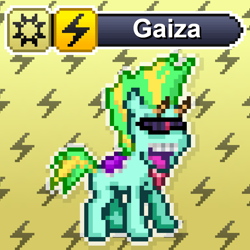 Size: 1024x1024 | Tagged: safe, artist:yotesmark, oc, oc only, oc:gaiza, cyclops, cyclops pony, earth pony, original species, pony, battle gem ponies, crossover, cyberpunk, digital art, eye beams, gem, goggles, horns, pixel art, pokémon, ponymon, punk, purple mane, smiling, text, video game