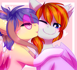 Size: 4000x3650 | Tagged: safe, artist:amiicommissions, oc, oc only, oc:cookie, oc:heartfire, pegasus, pony, digital art, duo, female, glasses, kissing, male, mare, stallion