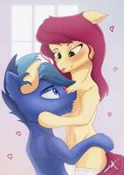 Size: 4961x7016 | Tagged: safe, artist:bluishdraft, oc, oc only, oc:blueprint, oc:bubbles, earth pony, pony, couple, female, indoors, mare, romantic, ship:bubbleprint