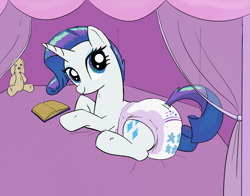 Size: 1411x1105 | Tagged: safe, artist:drasill, rarity, pony, unicorn, g4, book, diaper, diaper fetish, fetish, horn, indoors, looking at you, lying down, non-baby in diaper, plushie, smiling, smiling at you