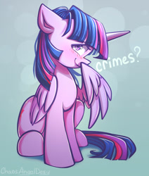 Size: 1052x1240 | Tagged: safe, artist:chaosangeldesu, twilight sparkle, alicorn, pony, blushing, cute, female, floppy ears, looking at you, mare, question mark, sitting, smiling, smiling at you, solo, text, twiabetes, twilight sparkle (alicorn), wings