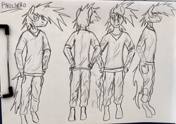 Size: 2554x1800 | Tagged: safe, artist:juninhooficial, oc, oc only, oc:paulinho, earth pony, anthro, character design, clothes, looking at you, male, reference sheet, traditional art