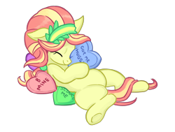 Size: 2344x1768 | Tagged: safe, artist:anonymous, ruby love, scarlet heart, crystal pony, earth pony, g4, be mine, conversation heart, cute, drawthread, eyes closed, female, heart, heart plush, hoof hold, hugging a plushie, lying down, mare, on back, plushie, requested art, seduce me, simple background, transparent background