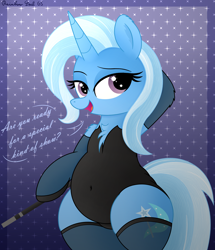 Size: 2928x3406 | Tagged: safe, artist:rainbowšpekgs, trixie, pony, unicorn, g4, bedroom eyes, belly, belly button, bipedal, black leotard, chubby, clothes, dialogue, female, hind legs, horn, legs together, leotard, magic wand, magician, mare, open mouth, speech bubble, standing, stockings, thigh highs, trixie's leotard