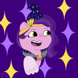 Size: 1280x1280 | Tagged: safe, artist:dawnie, pipp petals, pegasus, pony, g5, my little pony: tell your tale, abstract background, clothes, costume, female, hat, mare, nightmare night costume, solo, unitober 2024, witch costume, witch hat, witch petals