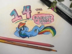 Size: 2048x1534 | Tagged: safe, artist:flutterpawss, rainbow dash, pegasus, pony, mlp fim's fourteenth anniversary, g4, colored pencil drawing, female, lying down, mare, on back, pencil, pencil drawing, photo, solo, sunglasses, traditional art