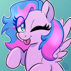 Size: 1280x1280 | Tagged: safe, artist:flutterpawss, oc, oc only, oc:flutters, pegasus, pony, ;p, eye clipping through hair, female, looking at you, mare, one eye closed, raspberry, smiling, solo, spread wings, tongue out, wings, wink