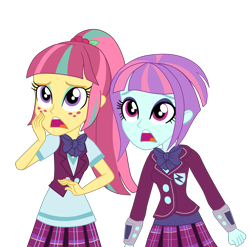 Size: 2975x2936 | Tagged: safe, artist:gmaplay, screencap, sour sweet, sunny flare, human, equestria girls, g4, my little pony equestria girls: friendship games, clothes, crystal prep academy uniform, duo, duo female, eyeshadow, female, freckles, makeup, necktie, pleated skirt, ponytail, scared, school tie, school uniform, schoolgirl, simple background, skirt, transparent background