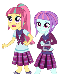 Size: 2400x2936 | Tagged: safe, artist:gmaplay, screencap, sour sweet, sunny flare, human, equestria girls, g4, my little pony equestria girls: friendship games, clothes, crystal prep academy uniform, duo, duo female, eyeshadow, female, freckles, makeup, necktie, pleated skirt, ponytail, scared, school tie, school uniform, schoolgirl, simple background, skirt, socks, transparent background