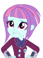 Size: 1500x2030 | Tagged: safe, sunny flare, human, equestria girls, g4, my little pony equestria girls: friendship games, bowtie, clothes, crossed arms, crystal prep academy, crystal prep academy uniform, crystal prep shadowbolts, eyebrows, eyeshadow, female, makeup, pleated skirt, scared, school uniform, shadow, simple background, skirt, solo, transparent background, vector