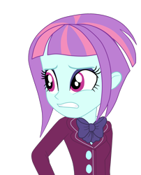 Size: 1800x2225 | Tagged: safe, sunny flare, human, equestria girls, g4, my little pony equestria girls: friendship games, bowtie, clothes, crossed arms, crystal prep academy, crystal prep academy uniform, crystal prep shadowbolts, eyebrows, eyeshadow, female, high res, makeup, pleated skirt, scared, school uniform, shadow, simple background, skirt, solo, transparent background, vector