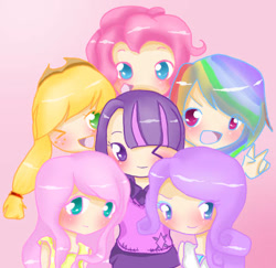 Size: 445x432 | Tagged: safe, artist:melodiclolita, applejack, fluttershy, pinkie pie, rainbow dash, rarity, twilight sparkle, human, g4, blushing, gradient background, humanized, looking at you, mane six, one eye closed, peace sign, smiling, smiling at you, wink, winking at you