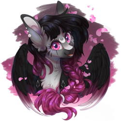 Size: 1920x1920 | Tagged: safe, artist:doekitty, oc, oc:shade peony, pegasus, pony, bust, chest fluff, coat markings, colored pinnae, colored wings, crescent moon markings, facial markings, female, gradient wings, looking at you, mare, open mouth, open smile, petals, pink eyes, portrait, smiling, smiling at you, solo, wings