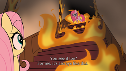 Size: 1920x1080 | Tagged: safe, artist:cortavi, fluttershy, pinkie pie, earth pony, pegasus, pony, g4, burning, crossover, dialogue, duo, female, fire, indoors, mare, open mouth, pinkamena diane pie, sad, silent hill, silent hill 2, smoke, stairs, text, video game