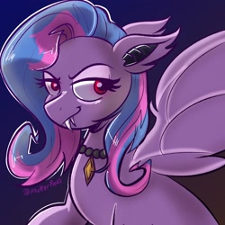 Size: 3000x3000 | Tagged: safe, artist:flutterpawss, oc, oc:flutters, bat pony, pony, ears back, fangs, female, lidded eyes, mare, solo, spread wings, wings