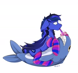 Size: 2239x2108 | Tagged: safe, artist:shpoof, oc, oc only, oc:guard cobalt flash, bat pony, shark, bat pony oc, bisexual pride flag, clothes, commission, drink, drinking, plushie, pride, pride flag, shark plushie, socks, straw, striped socks, ych result