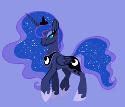 Size: 1667x1432 | Tagged: safe, artist:allisonpopick, princess luna, alicorn, pony, g4, coat markings, concave belly, ethereal mane, ethereal tail, eyelashes, folded wings, hoof shoes, horn, jewelry, lidded eyes, luna's crown, no sclera, peytral, princess shoes, purple background, regalia, simple background, slender, smiling, solo, starry mane, starry tail, tail, thin, wings