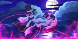 Size: 1280x640 | Tagged: safe, artist:darksly, twilight sparkle, oc, oc:flawless sparklemoon, pony, unicorn, my little pony the movie: the death of twilight sparkle, g4, cape, clothes, fight, fusion, fusion:trixie, fusion:twilight sparkle, fusion:twixie, hat, horn, kick, kicking, moon, top hat