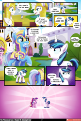 Size: 3538x5307 | Tagged: safe, artist:lummh, artist:whitequartztheartist, princess cadance, shining armor, alicorn, pony, unicorn, comic:the princess of love, g4, absurd resolution, canterlot, comic, female, horn, male, mare, royal guard, speech bubble, stallion, teen princess cadance, younger