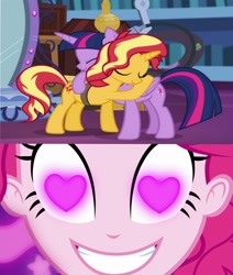 Size: 1739x2048 | Tagged: safe, pinkie pie, sunset shimmer, twilight sparkle, coinky-dink world, equestria girls, g4, my little pony equestria girls: summertime shorts, female, heart, heart eyes, lesbian, ship:sunsetsparkle, shipping, wingding eyes