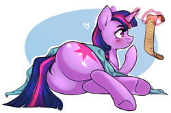 Size: 4000x2644 | Tagged: safe, artist:ranillopa, twilight sparkle, pony, unicorn, blanket, blushing, butt, crossed legs, female, high res, horn, levitation, looking at something, lying down, magic, mare, on side, plot, reading, scroll, solo, telekinesis, twibutt, wavy mouth