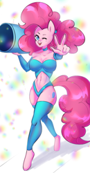 Size: 1667x3199 | Tagged: safe, artist:ranillopa, pinkie pie, earth pony, anthro, unguligrade anthro, breasts, cleavage, female, high res, holding, looking at you, midriff, one eye closed, party cannon, peace sign, solo, walking, wink