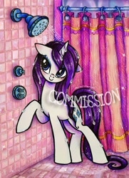 Size: 1480x2048 | Tagged: safe, artist:dariarchangel, rarity, pony, unicorn, g4, adorable face, bath time, bathing, beautiful, blue eyes, blue eyeshadow, blushing, commission, cute, cute face, cute smile, detailed background, ear blush, eyeshadow, female, floppy ears, horn, indoors, long hair, long mane, long tail, looking at something, looking up, makeup, mare, obtrusive watermark, pretty, purple hair, purple mane, purple tail, raised hoof, raribetes, rarity being rarity, shower curtain, shower head, showering, smiling, solo, sparkles, standing, standing on three hooves, sweet dreams fuel, tail, tile, tiled floor, traditional art, washing hair, water, water drops, watermark, wet, wet hair, wet mane, wet mane rarity, wet tail, white coat