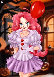 Size: 1000x1414 | Tagged: safe, artist:lord--opal, pinkie pie, human, equestria girls, g4, balloon, clothes, clown, cosplay, costume, gloves, halloween, halloween costume, holiday, human coloration, indoors, it, jack-o-lantern, looking at you, makeup, pennywise, pumpkin, smiling, smirk, solo