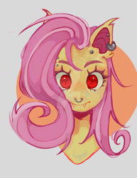 Size: 1024x1324 | Tagged: safe, artist:zucherry, fluttershy, bat pony, g4, bat ponified, bust, deviantart watermark, ear piercing, earring, fangs, female, flutterbat, jewelry, nose piercing, nose ring, obtrusive watermark, piercing, portrait, race swap, red eyes, solo, watermark