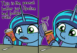 Size: 2048x1419 | Tagged: safe, artist:ewoudcponies, misty brightdawn, pony, unicorn, g5, 2 panel comic, butter knife, comic, dialogue, female, food, hoof hold, horn, implied opaline arcana, knife, mare, peanut butter, peanut butter jar, purple background, simple background, solo