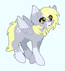 Size: 2048x2241 | Tagged: safe, artist:kittygutzzart, derpy hooves, pegasus, pony, g4, blaze (coat marking), blushing, coat markings, derp, facial markings, female, mare, simple background, socks (coat markings), solo, white background