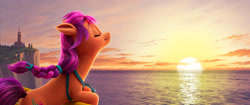 Size: 4096x1716 | Tagged: safe, sunny starscout, earth pony, pony, g5, my little pony: a new generation, official, concept art, eyes closed, female, lighthouse, mare, maretime bay, smiling, sunny starscout's lighthouse, sunset