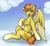 Size: 1359x1255 | Tagged: safe, artist:reddthebat, spitfire, pegasus, pony, g4, bedroom eyes, chest fluff, cloud, ear fluff, female, mare, on a cloud, open mouth, open smile, outdoors, signature, sitting, sitting on a cloud, smiling, solo