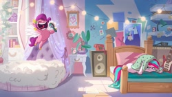 Size: 3146x1770 | Tagged: safe, artist:claudio naccari, artist:piotr bzdura, boulder media, pipp petals, zipp storm, pegasus, pony, g5, official, annoyed, bed, bedroom, brush, clock, concept art, duo, female, flying, guitar, hairbrush, headband, magnetic hooves, mare, musical instrument, my little pony g5 2d show (boulder media), open mouth, phone, pillow, royal sisters (g5), siblings, singing, sisters, speaker, string lights, unamused, uvula, volumetric mouth, zipp storm is not amused, zipp storm's bedroom