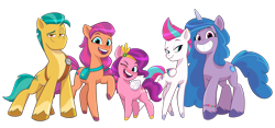 Size: 2366x1105 | Tagged: safe, hitch trailblazer, izzy moonbow, pipp petals, sunny starscout, zipp storm, earth pony, pegasus, pony, unicorn, g5, official, bag, bean mouth, blue eyes, blue-eyed pipp, bracelet, chubby, concept art, confident, diverse body types, ear piercing, earring, female, friendship bracelet, group, happy, headband, hitch is tall, horn, izzy is tol, jewelry, male, mane five, mare, my little pony g5 2d show (boulder media), one eye closed, open mouth, open smile, piercing, pipp is chubby, pipp is short, pipp is smol, quintet, raised hoof, saddle bag, sash, sheriff's badge, short, simple background, slender, smiling, stallion, tall, thin, transparent background, wink, zipp is skinny