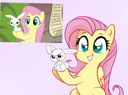 Size: 1657x1225 | Tagged: safe, artist:flutterbug18, angel bunny, fluttershy, pegasus, pony, rabbit, g4, my little pony: friendship is magic, she talks to angel, animal, colored pupils, cute, duo, duo male and female, female, grin, heart, heart eyes, holding a rabbit, male, mare, pink background, scene interpretation, screencap reference, shyabetes, signature, simple background, smiling, wingding eyes