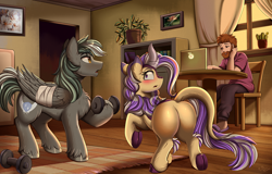 Size: 2648x1692 | Tagged: safe, artist:pridark, oc, oc only, oc:gusty, oc:iron feather, oc:lotus cinder, human, kirin, pegasus, pony, fanfic:words of power, bandage, bandaged wing, blushing, butt, commission, fanfic art, female, indoors, kirin oc, male, mare, pegasus oc, plot, raised hoof, stallion, sweat, weight lifting, weights, wings