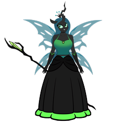 Size: 4208x4148 | Tagged: safe, artist:shadowzoid456, queen chrysalis, human, equestria girls, g4, breasts, busty queen chrysalis, changeling wings, clothes, colored sclera, dress, female, gown, horn, ponied up, simple background, solo, staff, transparent background, wings