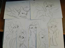 Size: 791x593 | Tagged: safe, artist:taurson, applejack, derpy hooves, fluttershy, pinkie pie, princess luna, alicorn, earth pony, pegasus, pony, g4, female, flying, grayscale, grin, mare, monochrome, pencil drawing, smiling, spread wings, traditional art, wings