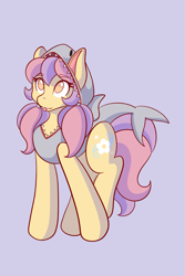 Size: 1365x2048 | Tagged: safe, artist:mscolorsplash, oc, oc only, oc:daisy wave, earth pony, pony, animal costume, costume, eyebrows, eyebrows visible through hair, female, mare, no pupils, pigtails, purple background, shark costume, simple background, solo, tongue out