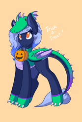 Size: 1365x2048 | Tagged: safe, artist:mscolorsplash, oc, oc only, earth pony, pegasus, candy, clothes, costume, dragon costume, eye clipping through hair, eyebrows, eyebrows visible through hair, female, food, halloween, holiday, mare, mouth hold, nightmare night costume, no pupils, orange background, pumpkin bucket, simple background, smiling, solo, trick or treat