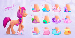 Size: 6771x3427 | Tagged: safe, applejack, spike, sunny starscout, twilight sparkle, earth pony, pony, g4, g5, my little pony: a new generation, official, absurd resolution, bunny slippers, clothes, concave belly, concept art, female, mare, old cutie mark, side view, slender, slippers, solo, standing on two hooves, themed slippers, thin