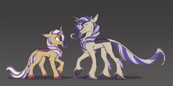 Size: 2893x1437 | Tagged: safe, artist:klarapl, oc, oc only, oc:lotus cinder, oc:searing gale, kirin, fanfic:words of power, duo, evil twin, female, gradient background, kirin oc, mare, reference sheet