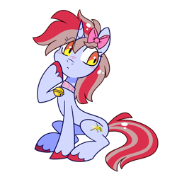 Size: 1500x1500 | Tagged: safe, artist:crimmharmony, oc, oc only, oc:cinnamon lightning, pony, unicorn, bell, bell collar, blushing, bow, choker, collar, cute, female, hair bow, horn, looking away, simple background, sitting, solo, thinking, transparent background, unshorn fetlocks