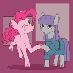 Size: 1000x1000 | Tagged: safe, artist:lef-fa, maud pie, pinkie pie, earth pony, pony, g4, duo, duo female, female, hoofbump, looking at you, mare, one eye closed, passepartout, pie sisters, siblings, sisters, standing, standing on one leg, wink, winking at you