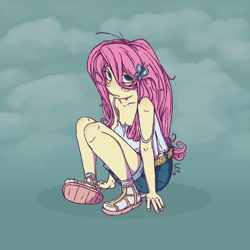 Size: 1000x1000 | Tagged: safe, artist:lef-fa, fluttershy, human, equestria girls, g4, abstract background, bare shoulders, blush sticker, blushing, breasts, clothes, female, looking at you, off shoulder, sandals, sleeveless, solo